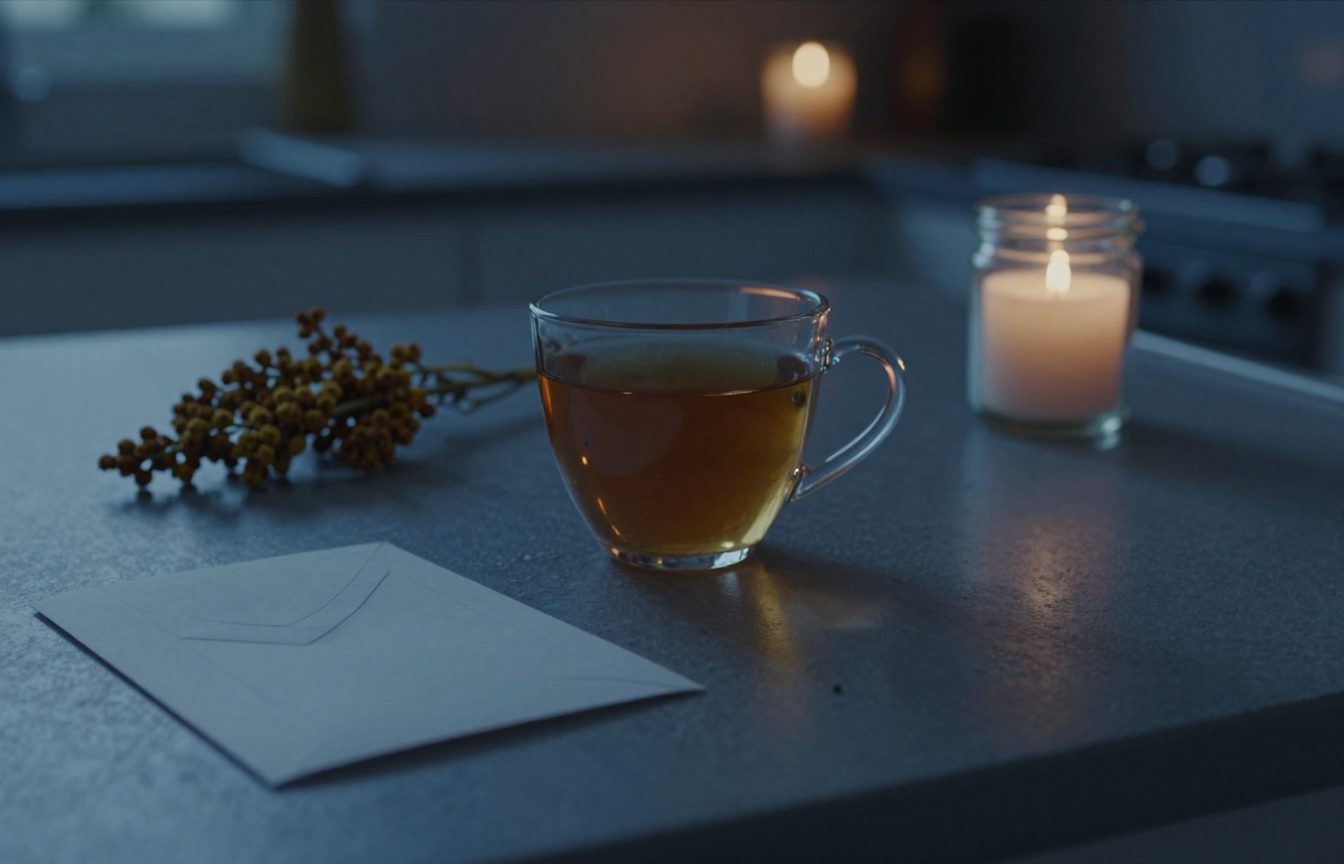 A single cup of tea going cold on a kitchen table at dusk