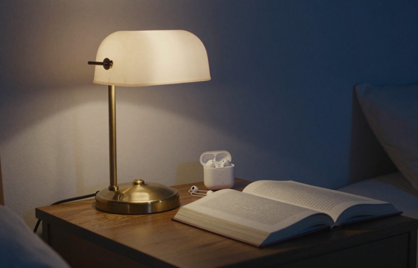 A brass reading lamp glowing on a bedside table beside an open paperback face down and a pair of white earbuds in their open case