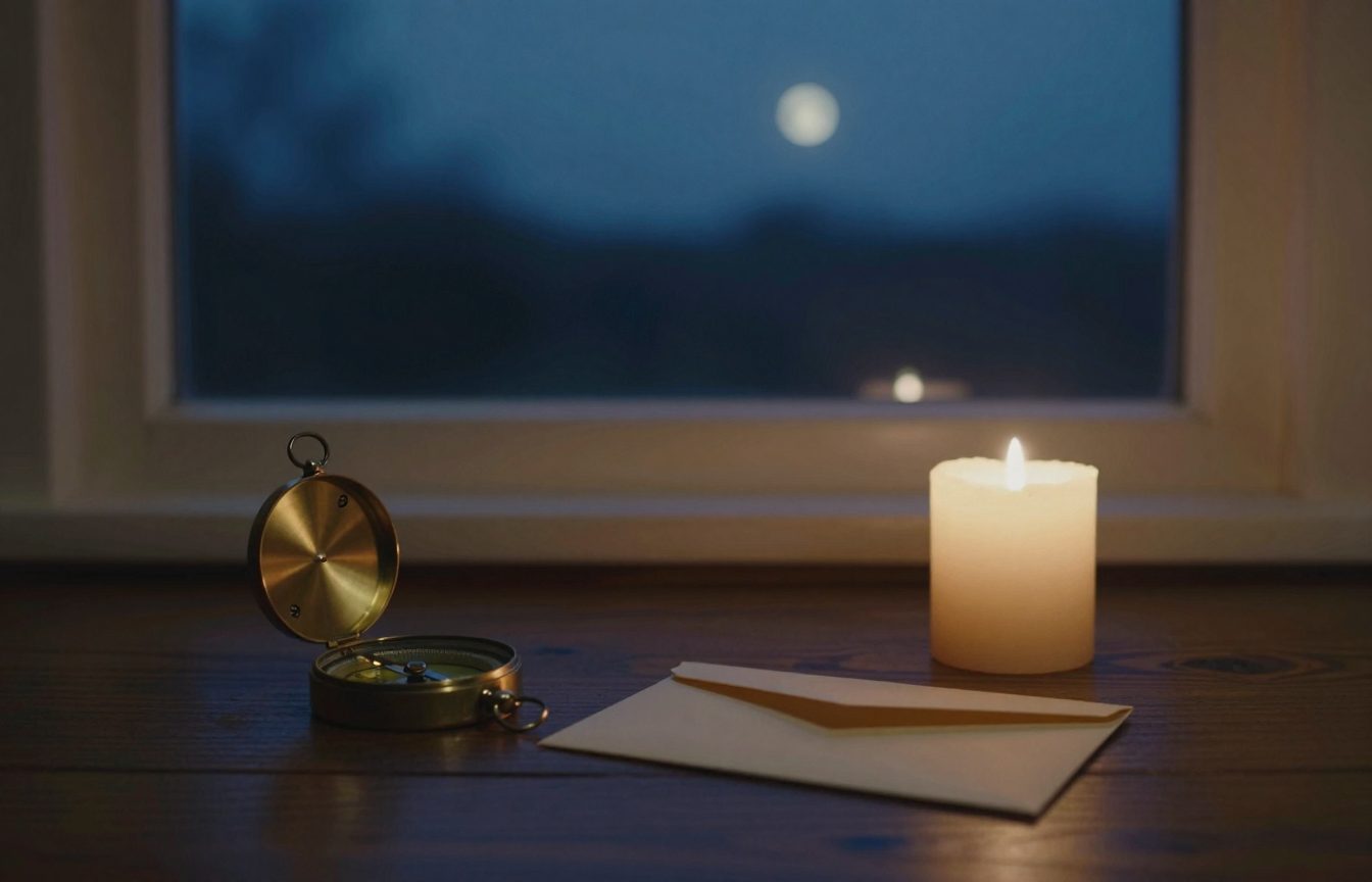 A small brass compass and a sealed envelope on a dark wooden desk beside a candle