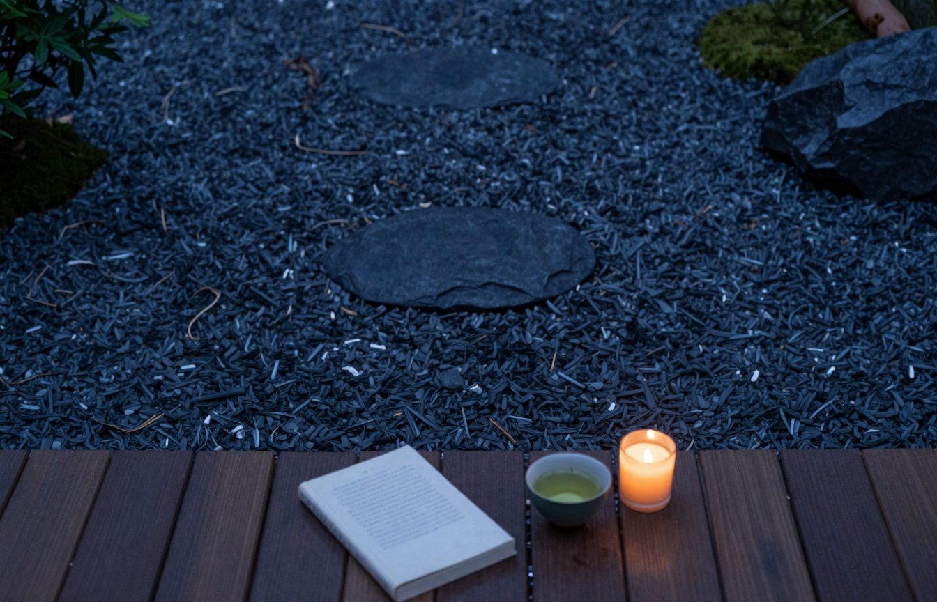 A raked gravel garden with one dark stone at dusk
